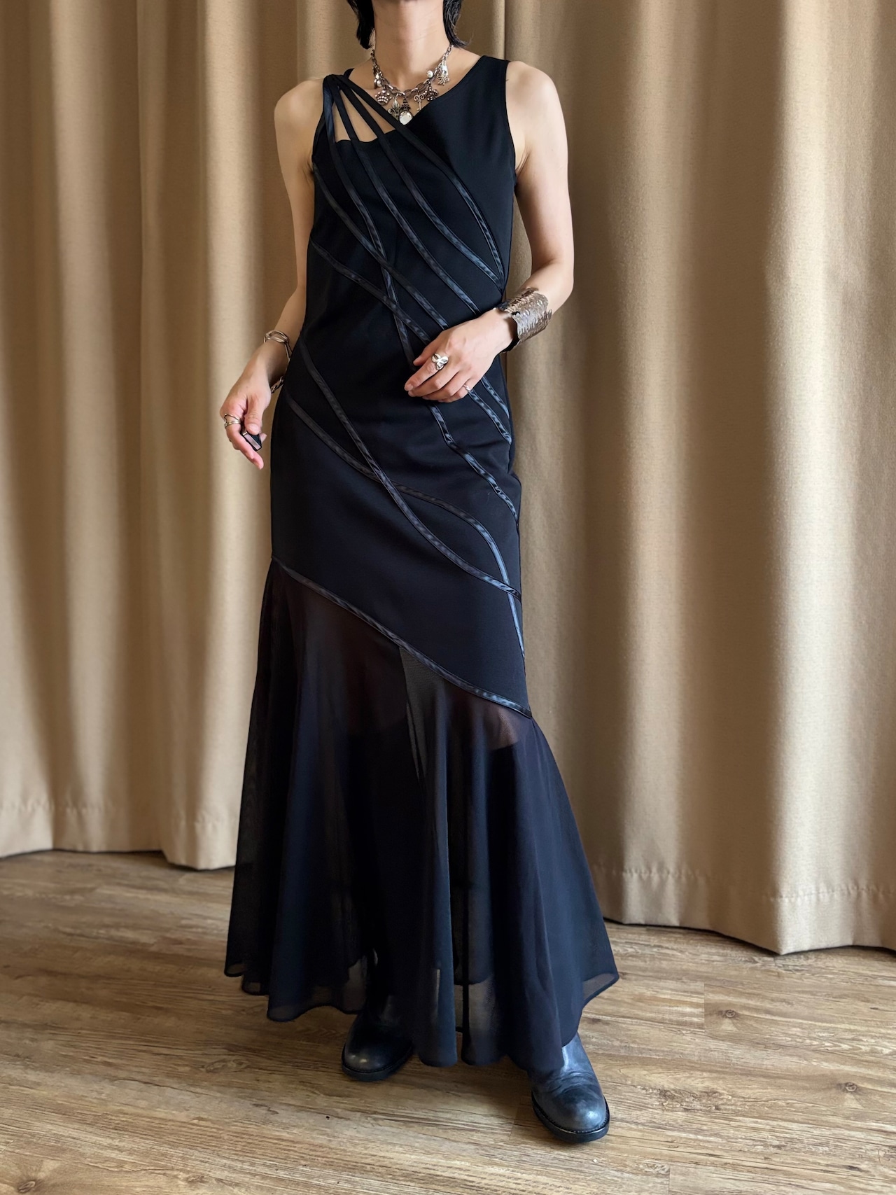 tape detail mermaid black dress-5251-5