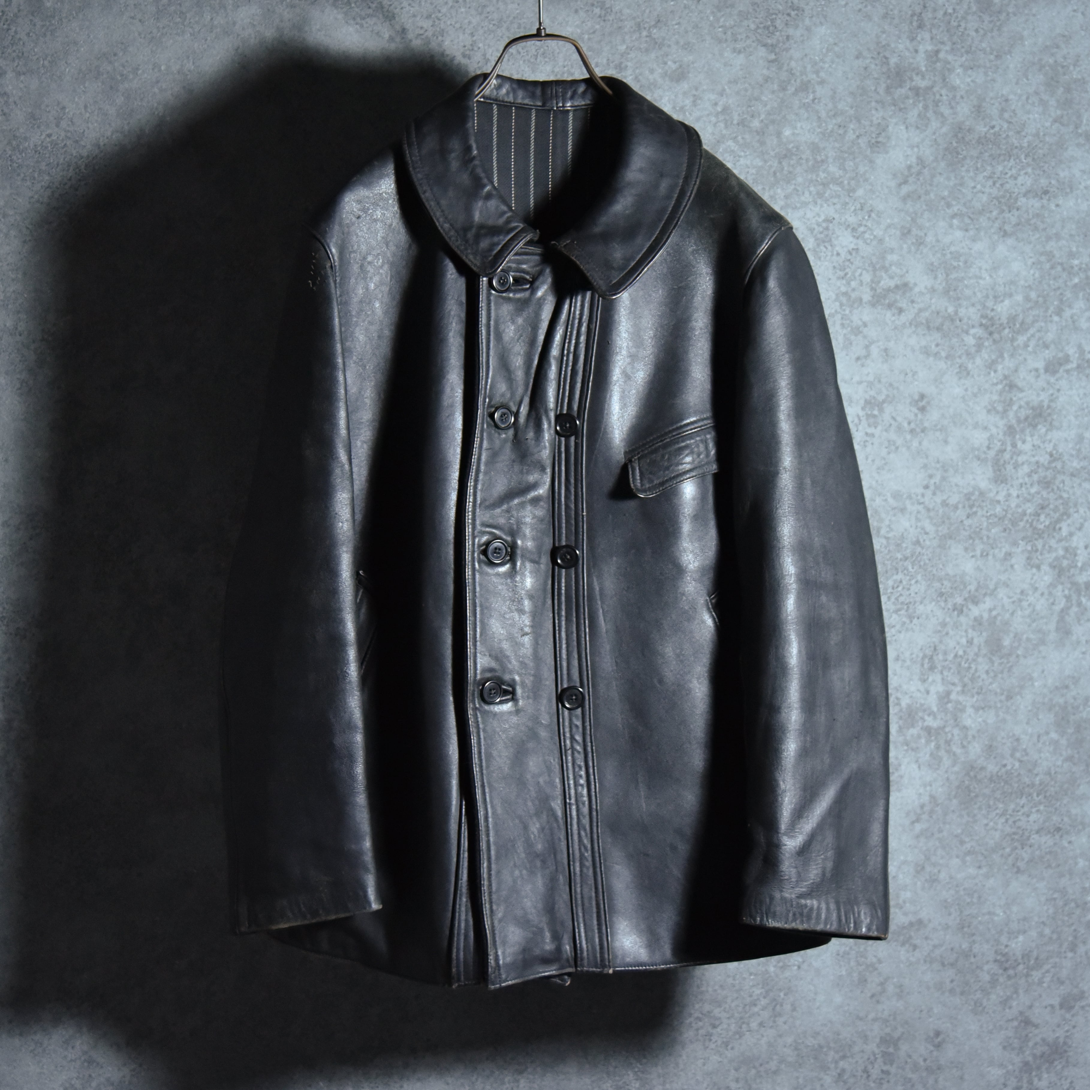 60-70s Le Corbusier Leather Double Breasted Jacket Black ル