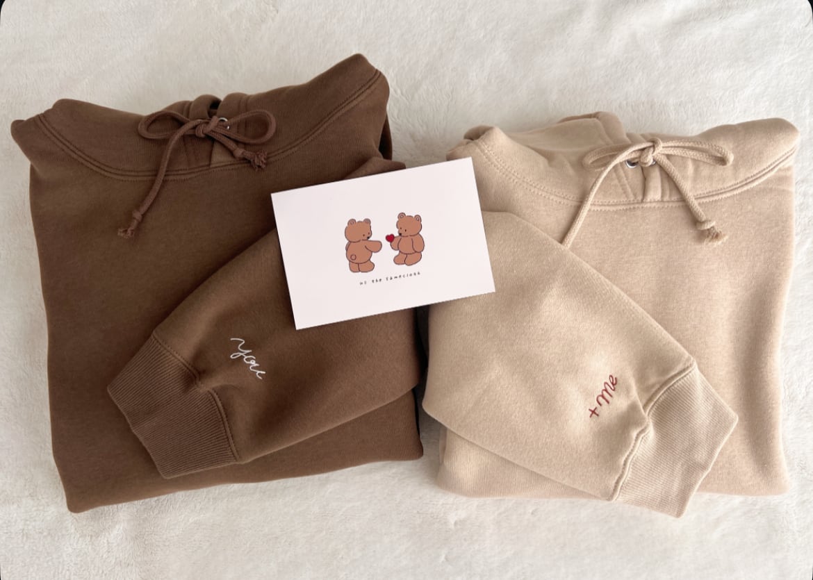 simple】you＋me袖のみ刺繍パーカー（チョコブラウン×ミルクティー