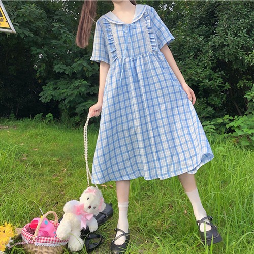 ✞ ♡レースネイビー半袖スリーブチェック柄 ショート スウィート ステッチ ✞ゴスロリ SM ミリ 甘ロリ クラロリ 和ロリ エレガント 黒ロリ 姫ロリ 華ロリ BB-BB18278442098