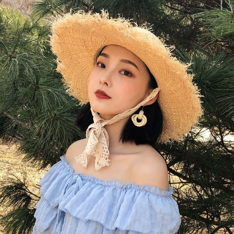 麦わら帽子女性の夏のレースネクタイ盆地帽子手作りラフィアビッグエッジビーチ帽子潮日焼け止め日よけ帽 ブラック・アイド・ピーズ38673336775