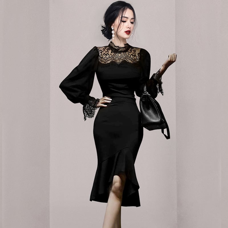 膝丈ドレス 新作 着痩せ 高見え レース YT2-ZED886540BH506