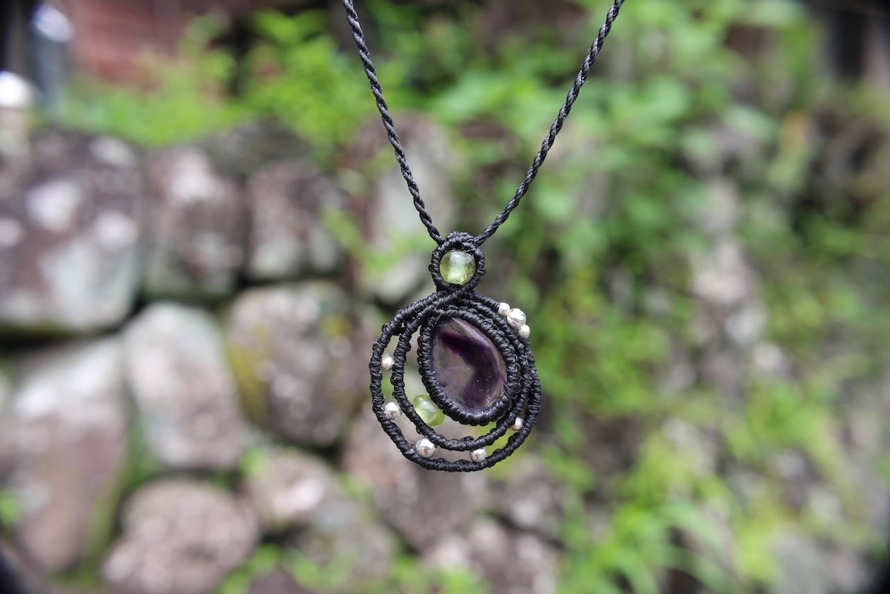 Trapiche amethyst micromacrame moon pendant