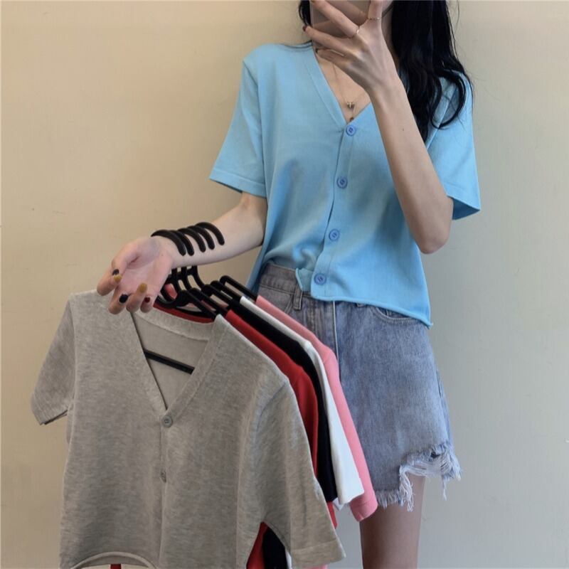 ルーズVネック薄手ニットセーター レッドTシャツ トップス シルク YY-ファッション11215154018