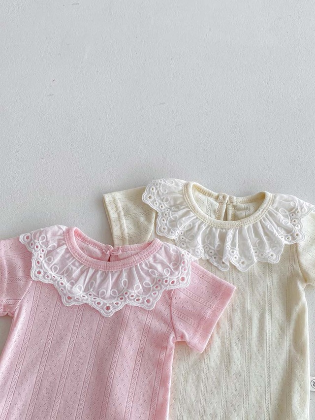 【BABY】フラワーレースフリル襟半袖リブロンパース - 16