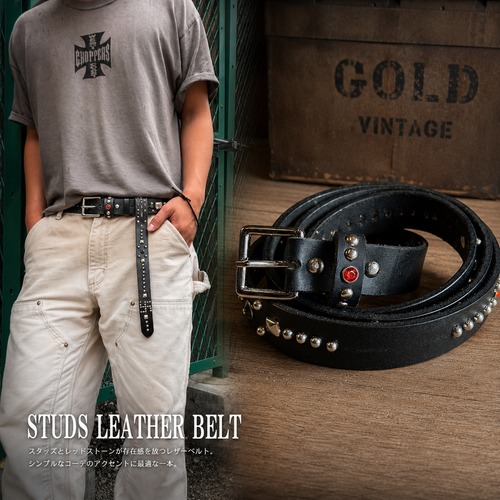 VOLTON LEATHER ナロースタッツベルト GOLDオリジナル ナロッズベルト ブラック スタッツ アメカジ バイカー パンクロック 卍 インディアン ミリタリー