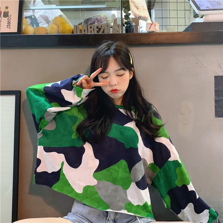 Tシャツ ルーズカラー迷彩プリント柄ラウンドネック長袖 長そで