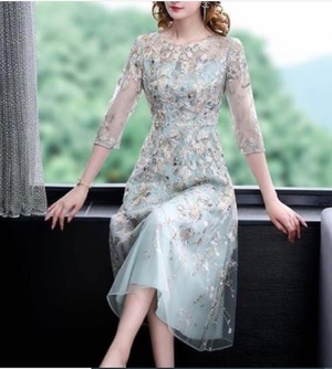 ★送料無料★M(9号)☆金糸・銀糸花柄刺繍チュールワンピース(OPN2814)