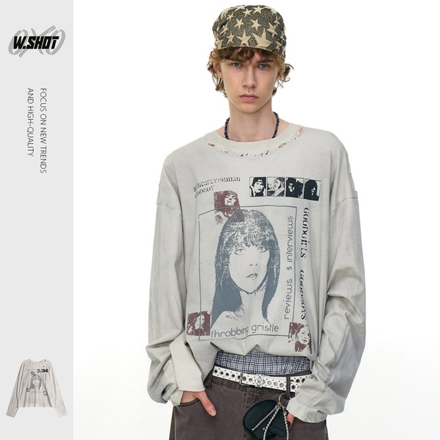VINTAGE ストリート ダメージ加工 ロングTシャツ T1881