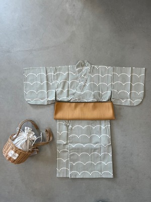 【新柄】オリジナル浴衣 モダンユカタ 大110〜130cm 抹茶(帯:カラシ)