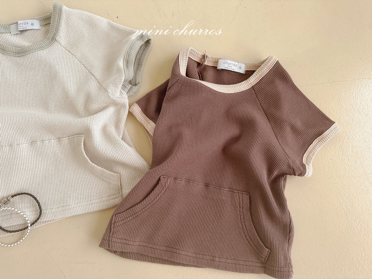 【churros】ワッフルポケットTシャツ 80〜120cm ベージュ 230515 - 9