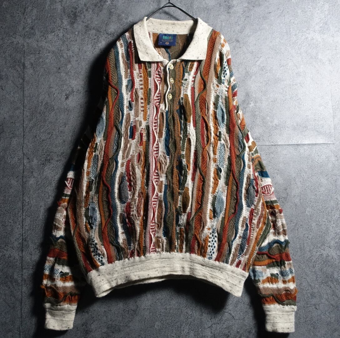 90s “Limnos” Multicolor 3D Pattern Design Knit Polo