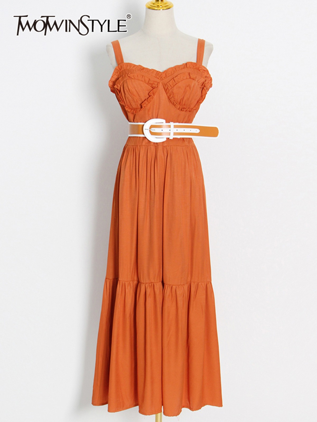 送料無料 TWOTWINSTYLEサッシサマードレス女性Vネックウエストヒットカラールーズノースリーブセクシードレス2022スタイル 夏物