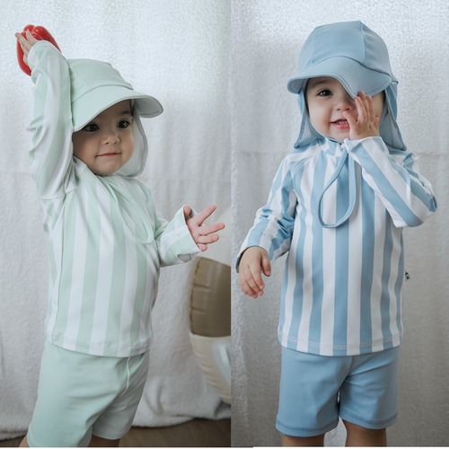 【BEDE】BABY&KIDS用 帽子付ストライプラッシュガード 90~120
