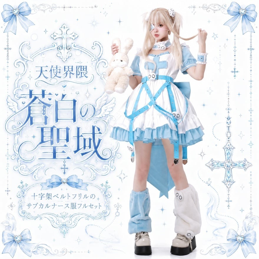 天使界隈 蒼白の聖域 十字架ベルトフリルのサブカルナース服フルセット