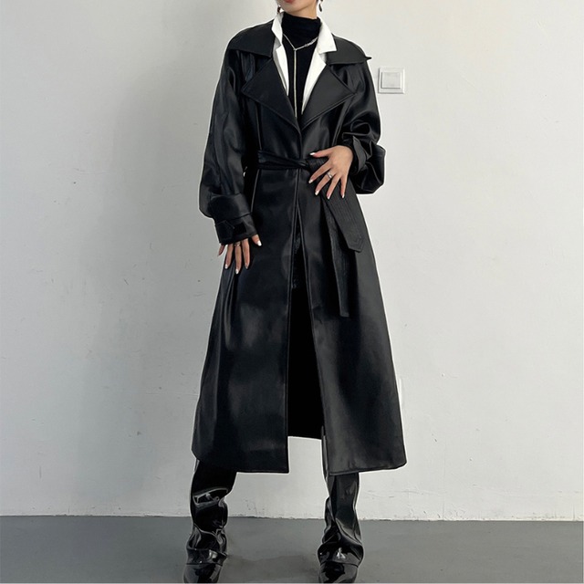 ベルト付き ミモレ丈 フェイクレザー ロングコート ◆2col R30200