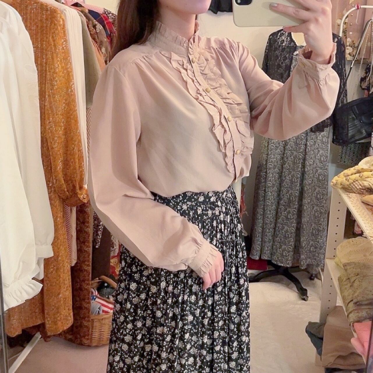 beige frill stand collar blouse