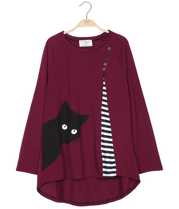ボーダー切り替え+インパクトのある黒猫ちゃんデザインの長袖