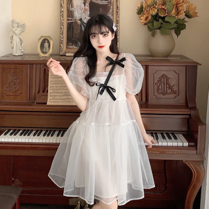 スリーブホワイトドレス サマーショートスカート 大人ガーリー スウィート キュート カジュアル 夏物 スーパーモール9026785874