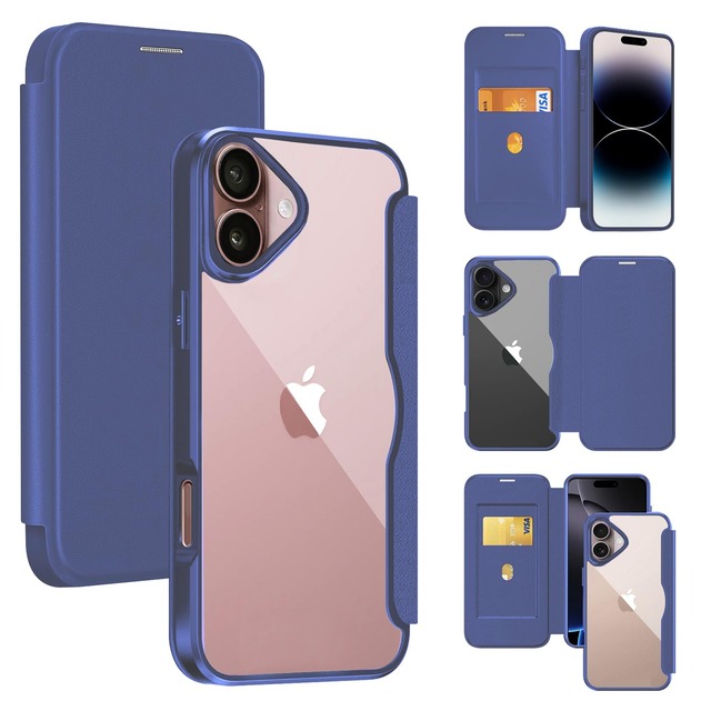 Guokaien iPhone17 用の ケース 手帳型 クリア 背面 透明 いPhone17 スマホケース カバー 軽量 高級なPUレザー+PCパネル+TPUバンパー 永久磁石 マグネット カード収納 人気財布型 手帳カバー(ブルー)
