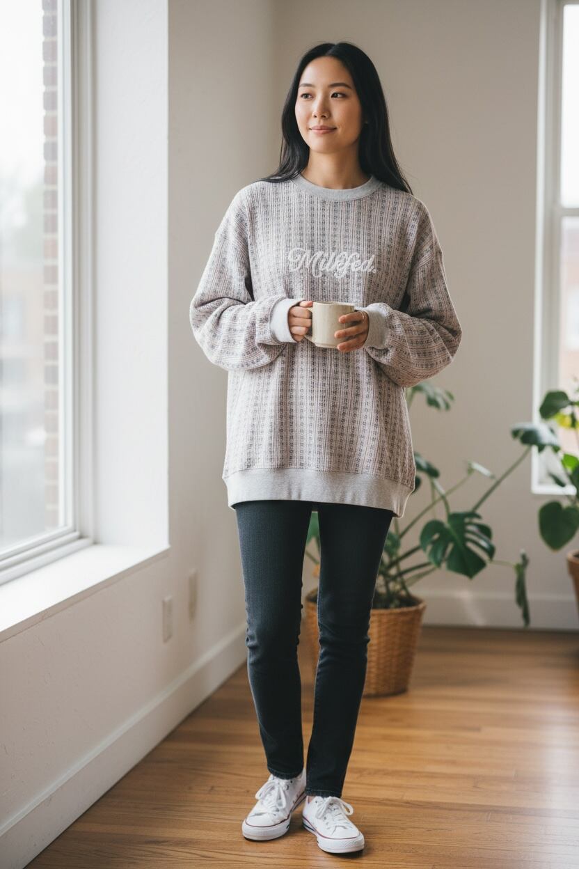 MILKFED.|ストライプフラワーワッフル長袖トップス(やわらか素材)