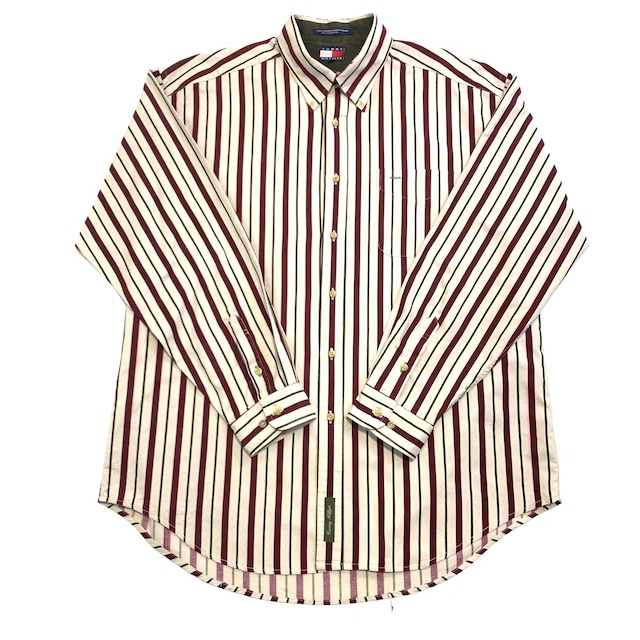 8489 TOMMY HILFIGER 長袖シャツ エンジ色ストライプ  XL