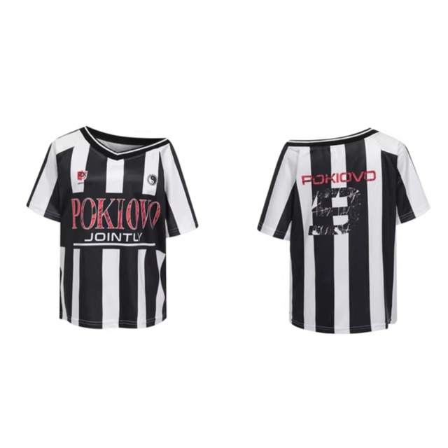 バーチカルストライプアシンメトリーVネックTシャツ 2col   R01946