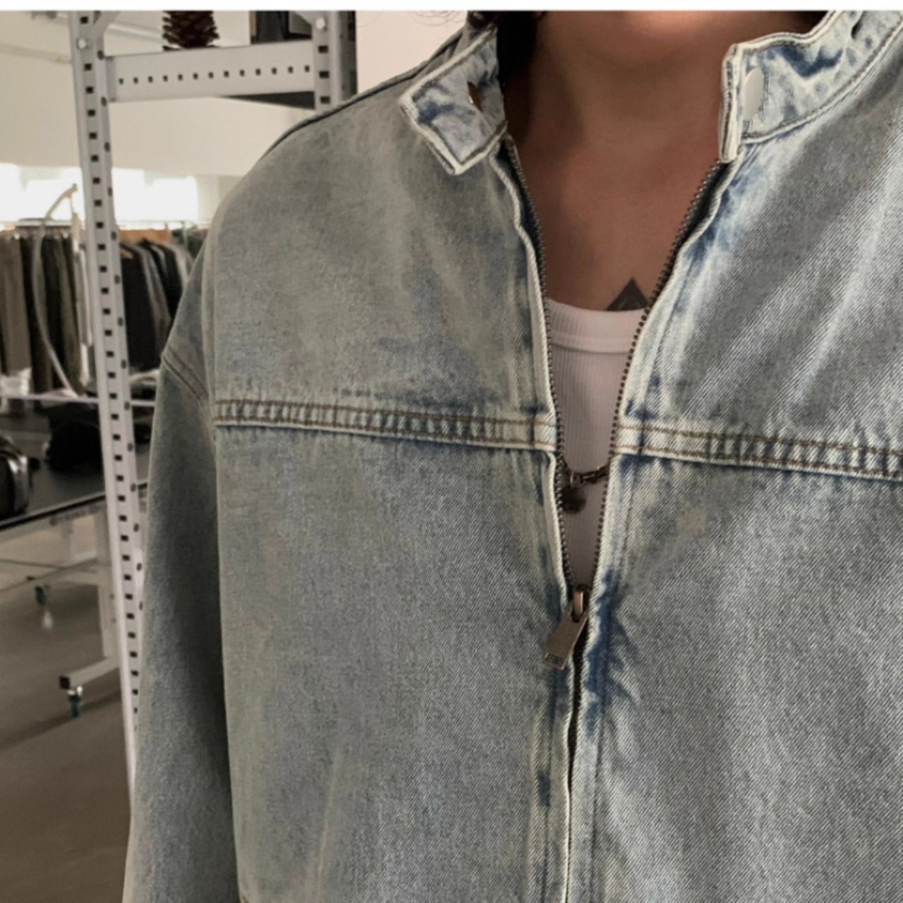 ショートスタンドカラーデニムジャケット　0879