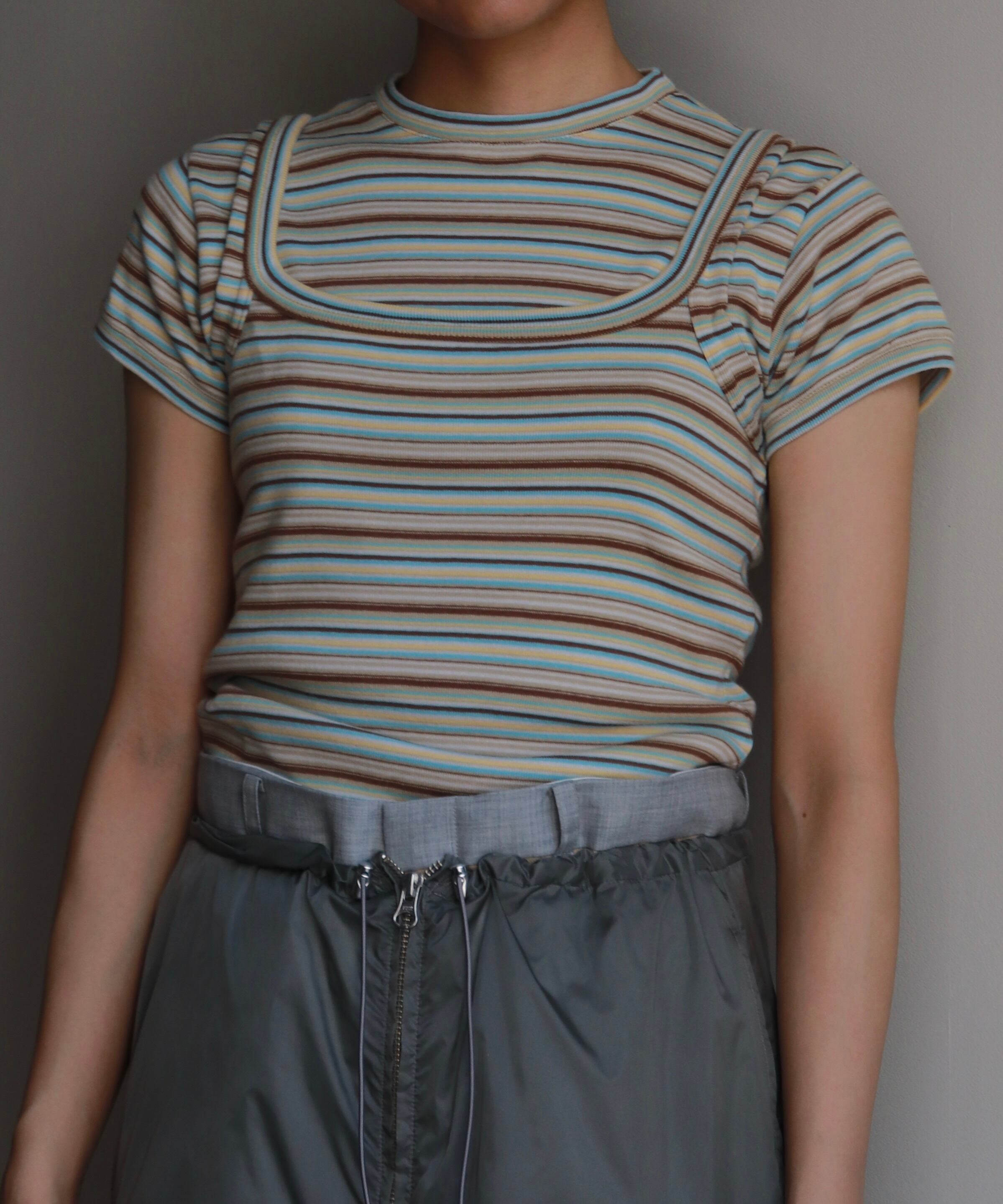 FUMIKA_UCHIDA / FU-V-CS003 MULTICOLOR STRIPE T-SHIRT (WHITE/BEIGE  