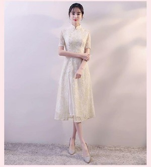 送料無料 未使用 発表会 舞台衣装 パーティ フォ－マル 金糸刺繍 チャイナ風 前開き ワンピ－ス 11号 L [OPN3120]