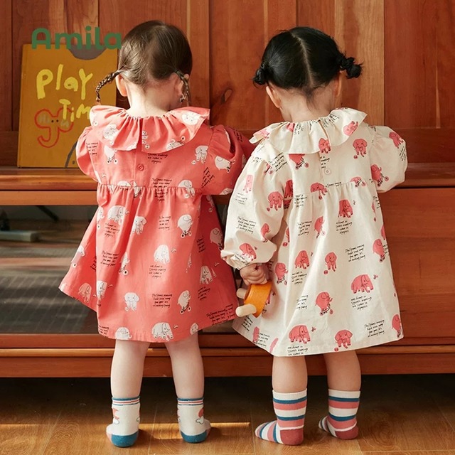 Amila ぞうさんイラスト フリル襟長袖ワンピース Aly587 福寿岡商店 Amila ぞうさんイラスト フリル襟長袖ワンピース Aly587 福寿岡商店