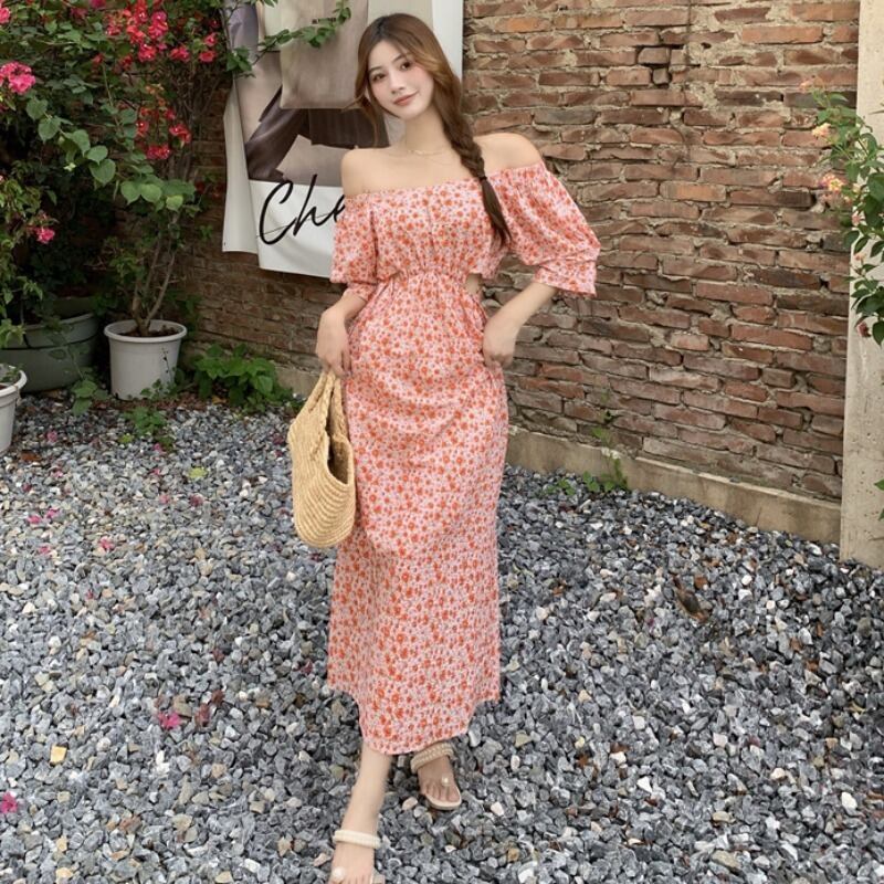 フローラルミディスカート スタイルスタンダードウェストドレス レディース レトロ 花柄 ハンチェンe85624239052