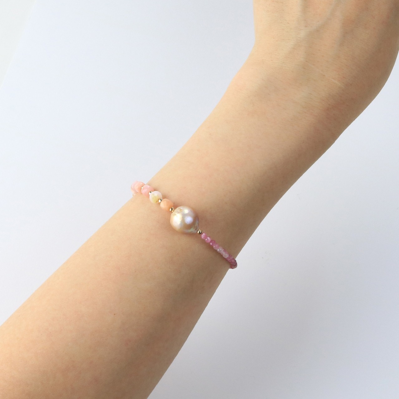 3種の天然素材をアシメトリーデザインで楽しむ！ ピンク トルマリン  オパール パール シルバー ブレスレット br1022