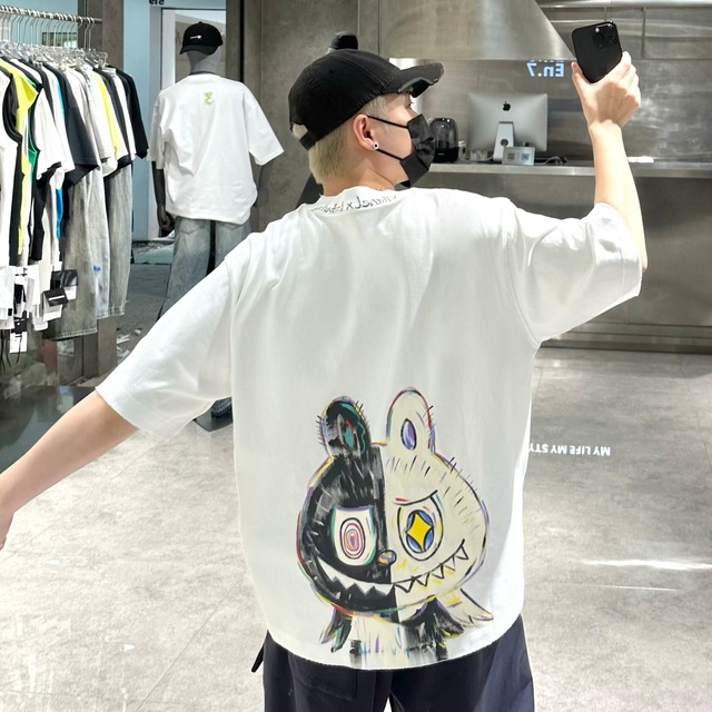 330g labubu ハイウェイトTシャツ 厚手 オーバーサイズ ストリート ラブブ ハンドドローイング グラフィック ユニセックス ゆったり 高品質コットン