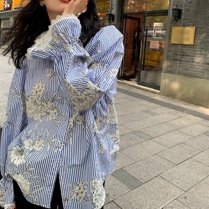 flowers lace stripe blouse <t10087>