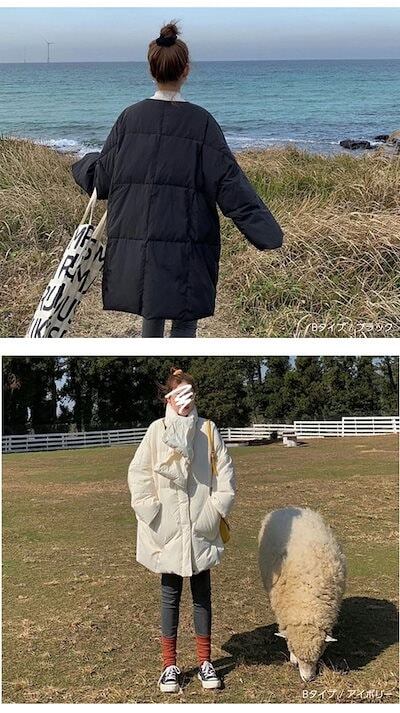 選べる2Type！軽量 マフラー付きノーカラーダウンコートダウン
