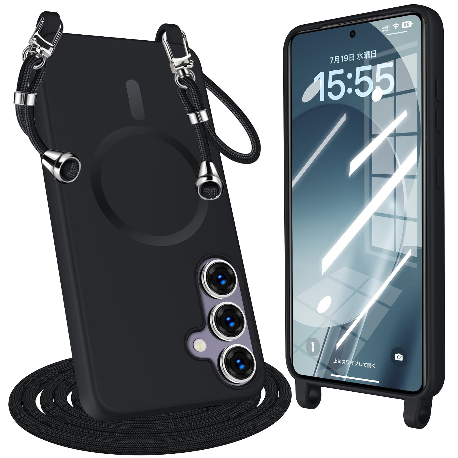 QOUNVYW 向け Galaxy S25 用のケース Magnetic 対応 耐衝撃 シリコン 薄型軽量 TPU 斜めかけ ブラック
