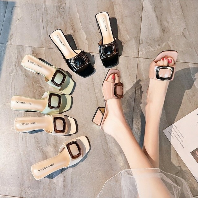 セール!! サンダル 太めヒール オープントゥ スリッポン★ブラック【即納】