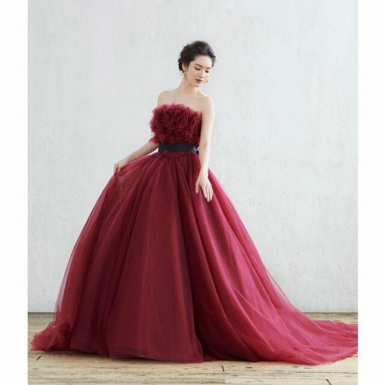 ボルドーカラードレス オフショルダーの2WAYドレス 取り外し可能  