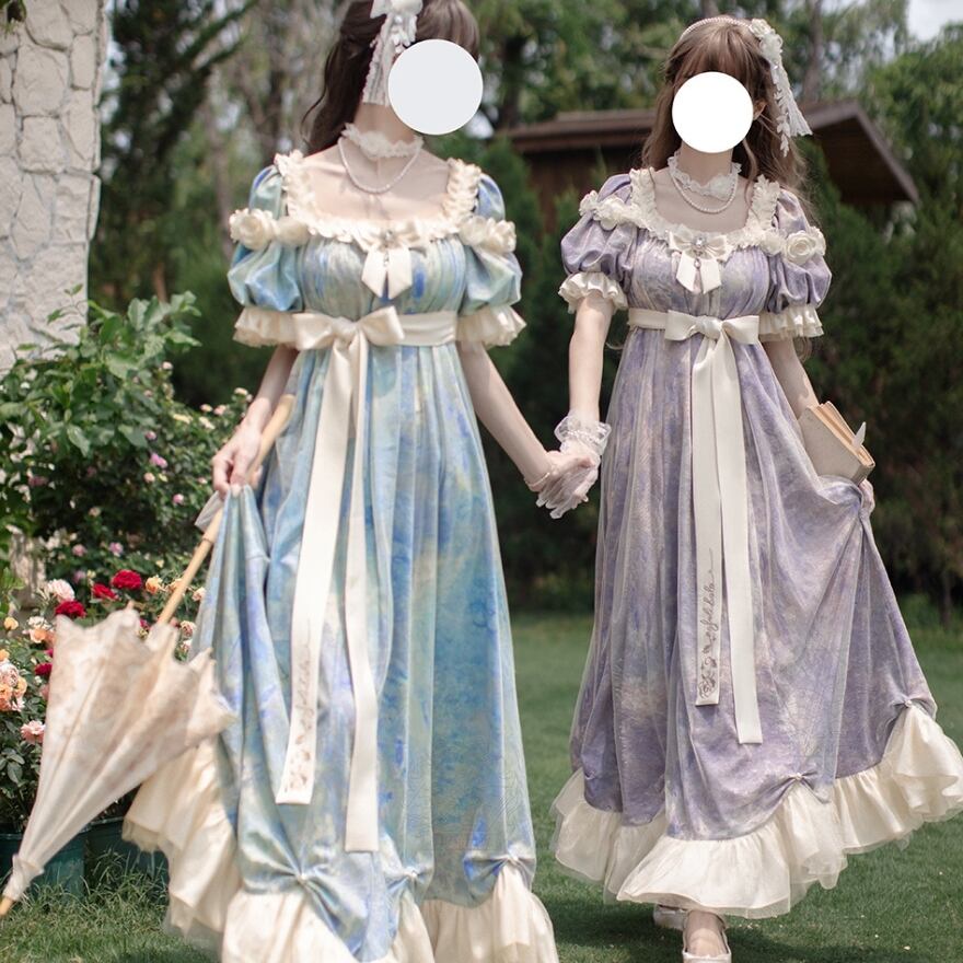 クラシカルロリィタ ロング ワンピース 油絵風 レトロ 田園風 お茶会 女子会コーデ