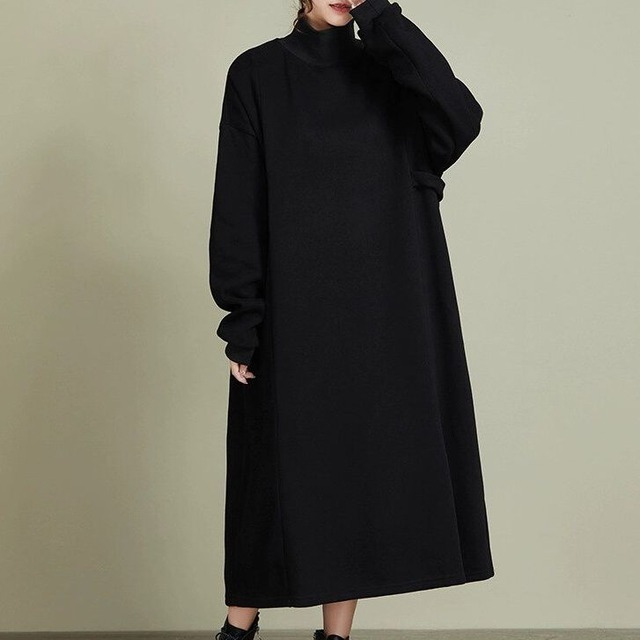 HIGH NECK A-LINE LONG SWEAT DRESS 2colors M-15175