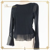 社交ダンス 衣装 トップス ブラウス ブラック系 チャコット Chacott レッスン 練習 黒 透け感 チュール 日本製 ふんわり 大人っぽい 上品 おしゃれ フレア レディース ダンスウェア 軽やか 透け感素材 シンプル きれいめ スタイリッシュ