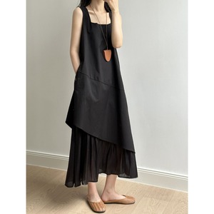 Layered design overlap A-line sleeveless maxi dress ◇3colors 19422