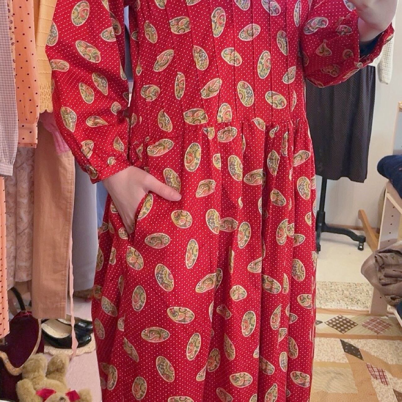 red paisley dot back button one-piece