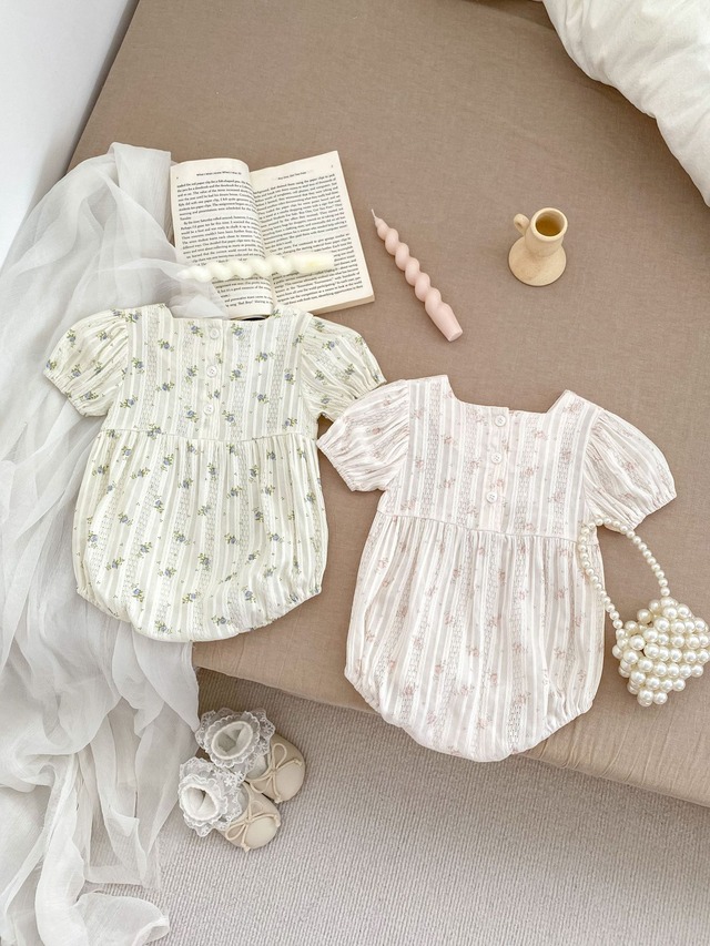 【BABY】ローズレーススクエアネック小花柄半袖ロンパース - 8