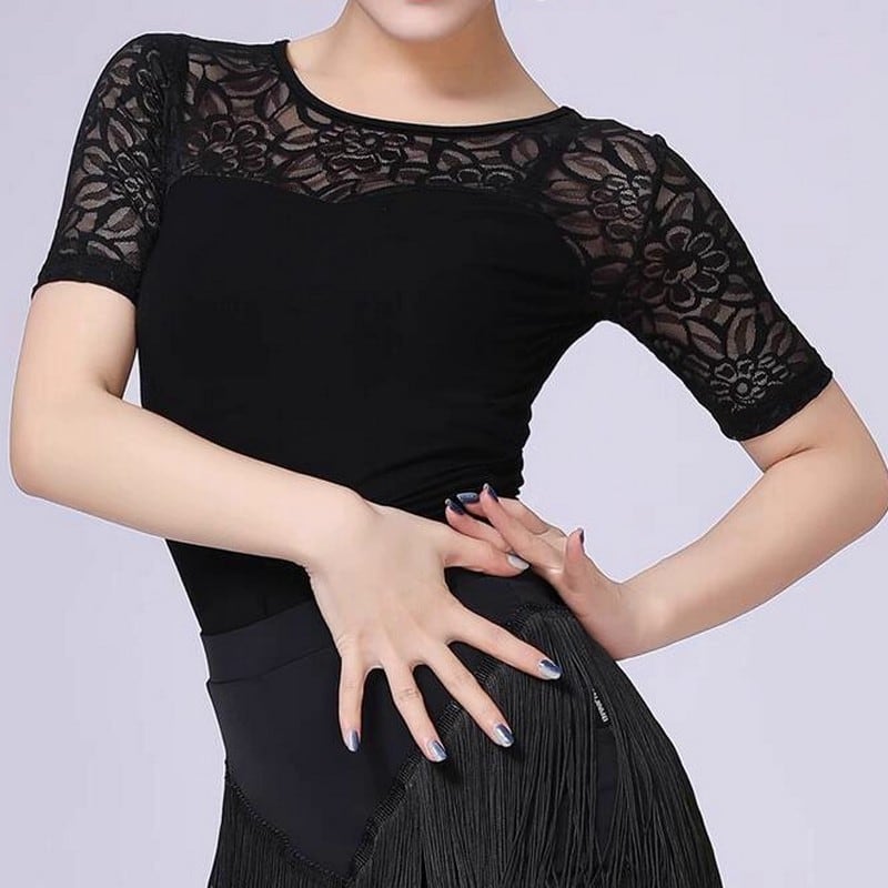 フラワーレースデザイン シースルーショルダー ダンストップス ds0763