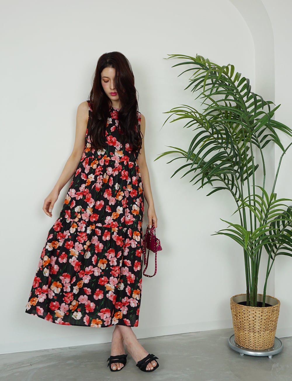 フラワーコットンティアードワンピース pink×black | amin pur