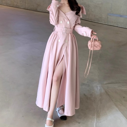 2色／タックフレアオフショルロングトレンチコート ・73456