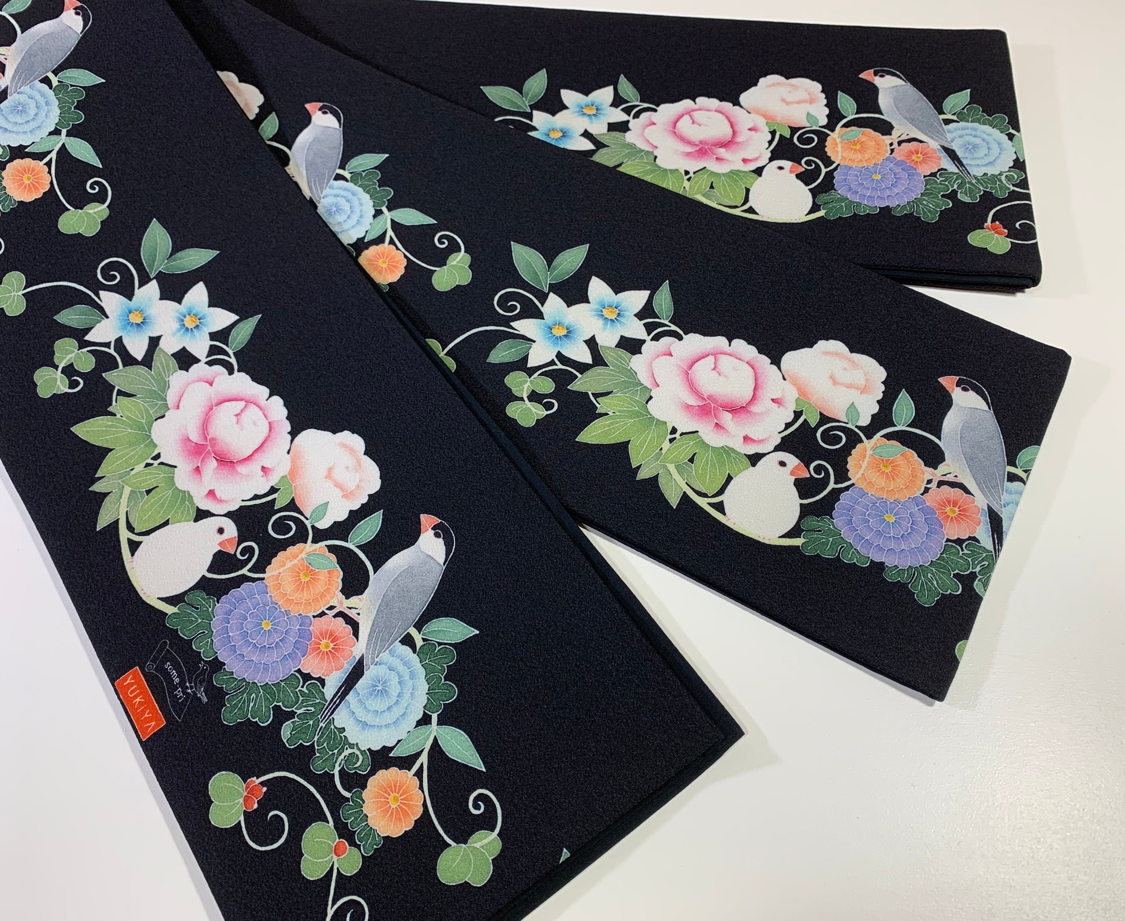 some-pri 半幅帯「文鳥花飾り」黒 | 染工房ユキヤオンラインショップ
