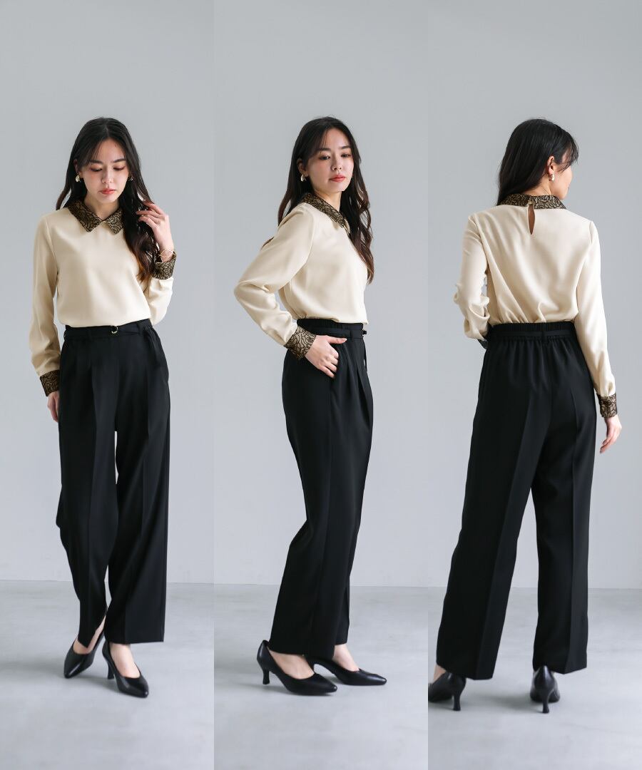 ディテール映え 】ソフトツイル・襟袖レースクラシカルブラウス